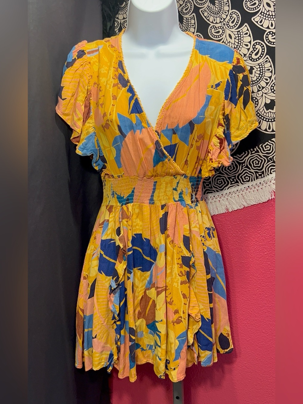 Angie Yellow Floral Midi Dress with Blue and Pink Print